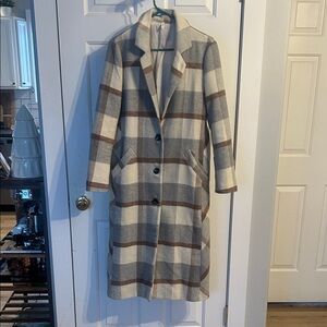 Plaid Long Coat in Cream and Brown